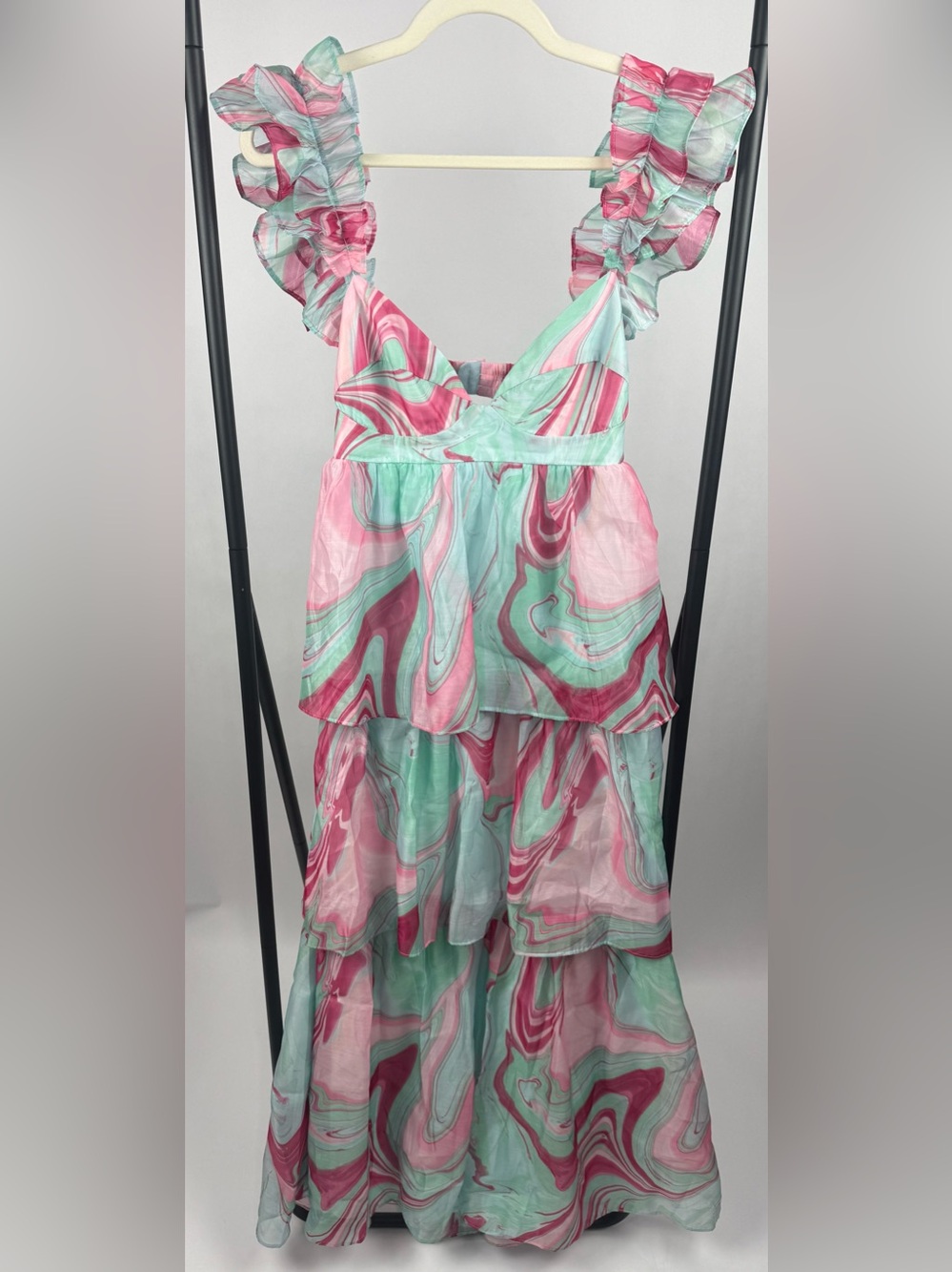 Karlie Aqua Pink Multi Swirl Organza Tiered Maxi Dress Ruffle Strap L NWT - Picture 5 of 8